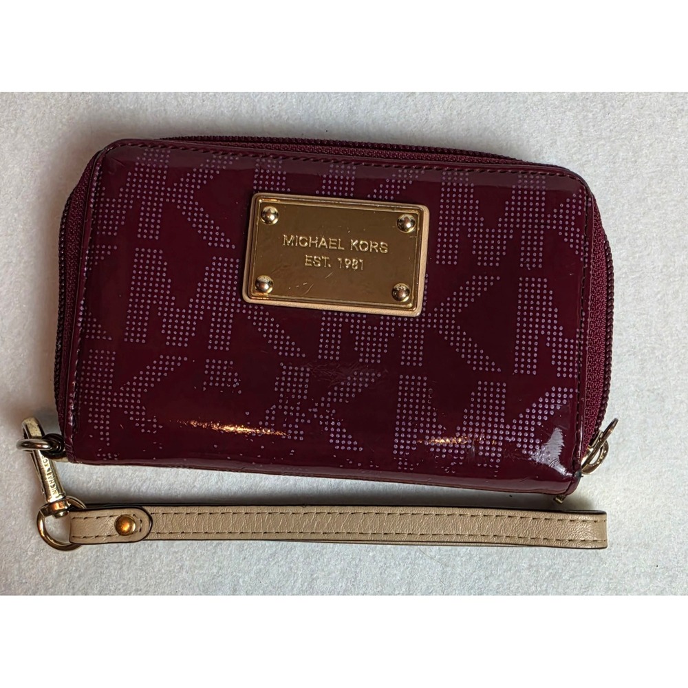 Michael Kors Burgundy Patent Logo Zip Around Wristlet Wallet Gold Tone Hardware